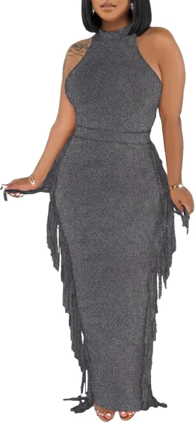 2 Piece Outfits for Women Sexy Halter Neck Sleeveless Crop Tops Ruched Bodycon Dresses Jumpsuits Fringe Skirt Sets