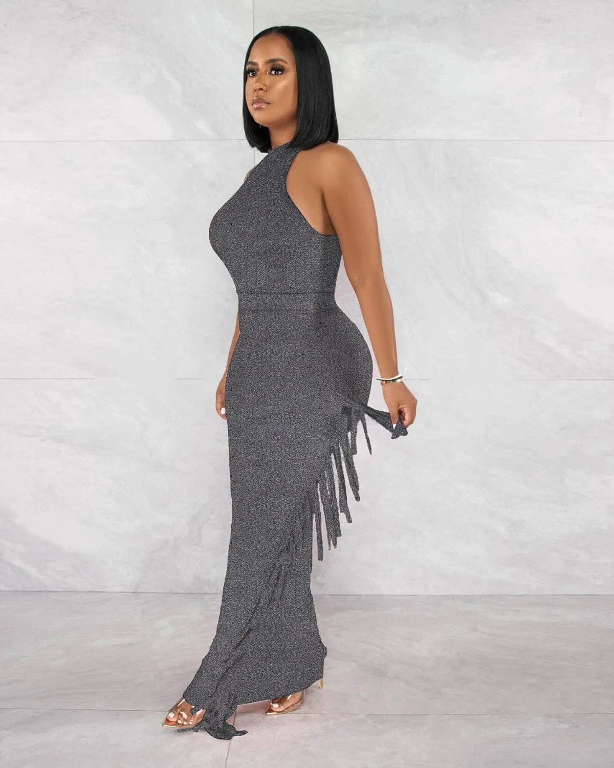 2 Piece Outfits for Women Sexy Halter Neck Sleeveless Crop Tops Ruched Bodycon Dresses Jumpsuits Fringe Skirt Sets