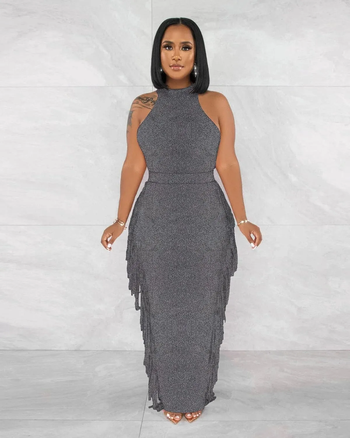 2 Piece Outfits for Women Sexy Halter Neck Sleeveless Crop Tops Ruched Bodycon Dresses Jumpsuits Fringe Skirt Sets