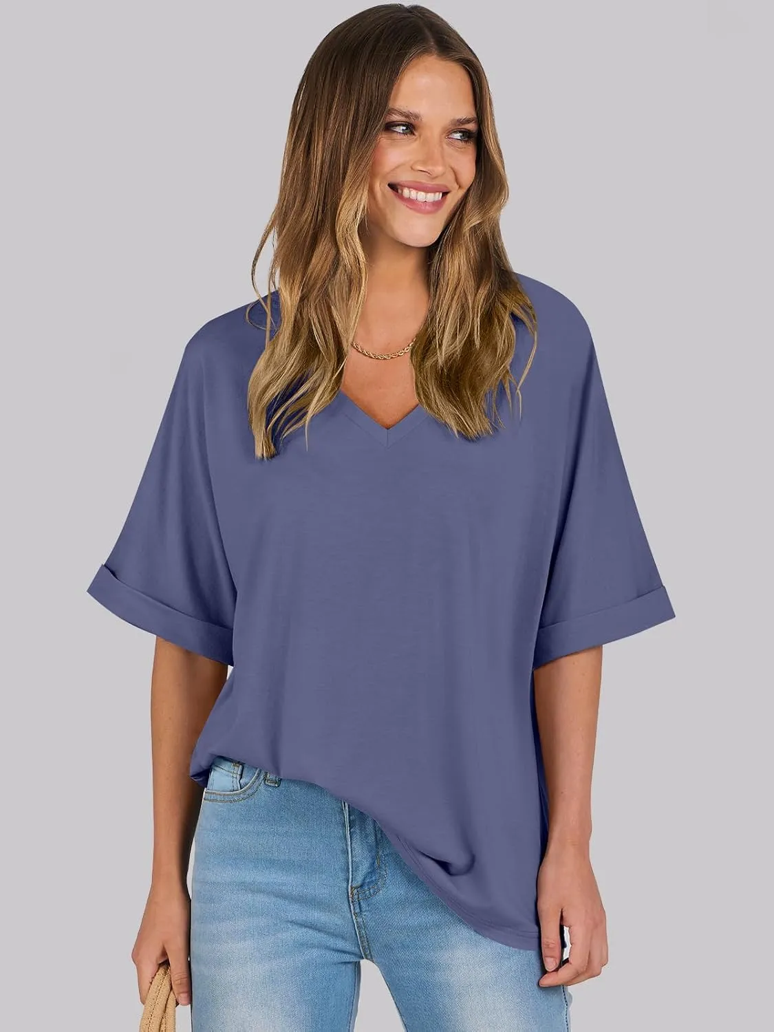ANRABESS Women's Oversized T Shirts Short Sleeve V Neck Summer Tops Casual Loose Basic Plain Tee Shirts 2025 Clothes Outfits