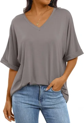 ANRABESS Women's Oversized T Shirts Short Sleeve V Neck Summer Tops Casual Loose Basic Plain Tee Shirts 2025 Clothes Outfits
