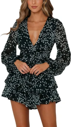 Bonkwa Women's Summer Deep V-Neck Floral Print Romper Long Baggy Sleeves Double Layer Ruffle Hem Short Jumpsuits with Belt