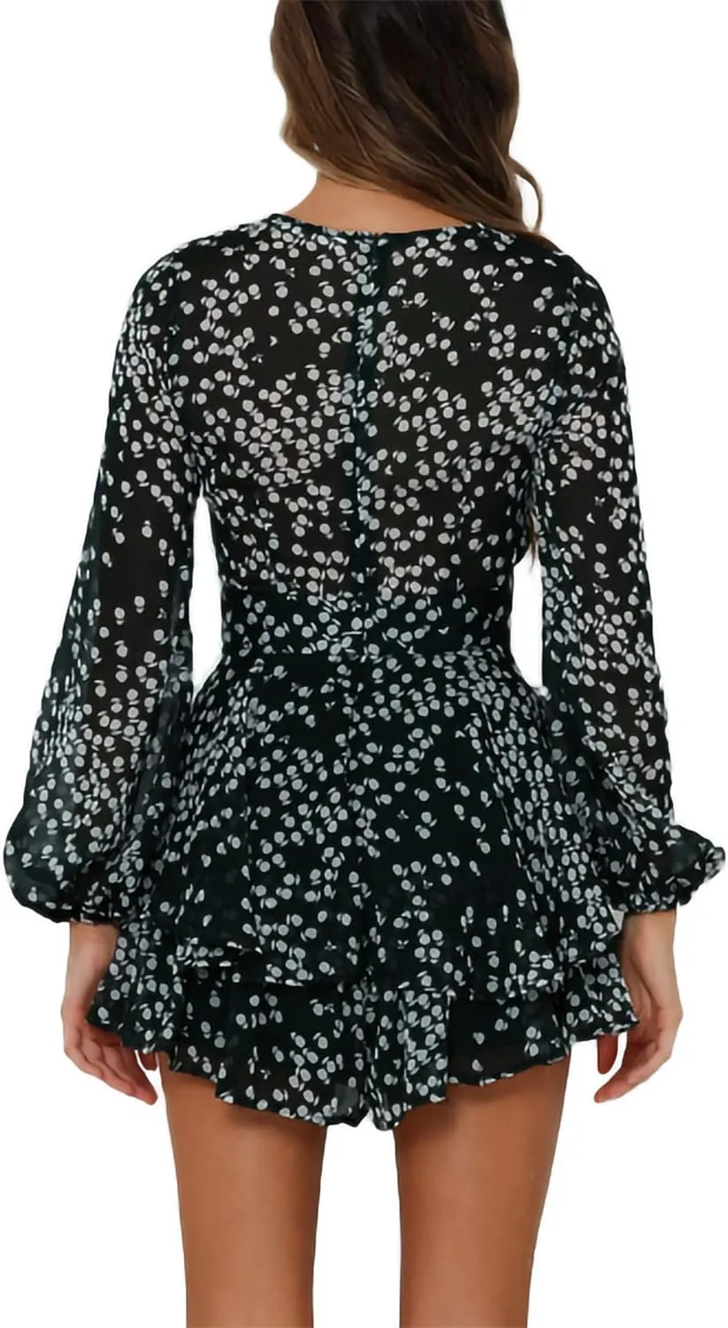 Bonkwa Women's Summer Deep V-Neck Floral Print Romper Long Baggy Sleeves Double Layer Ruffle Hem Short Jumpsuits with Belt