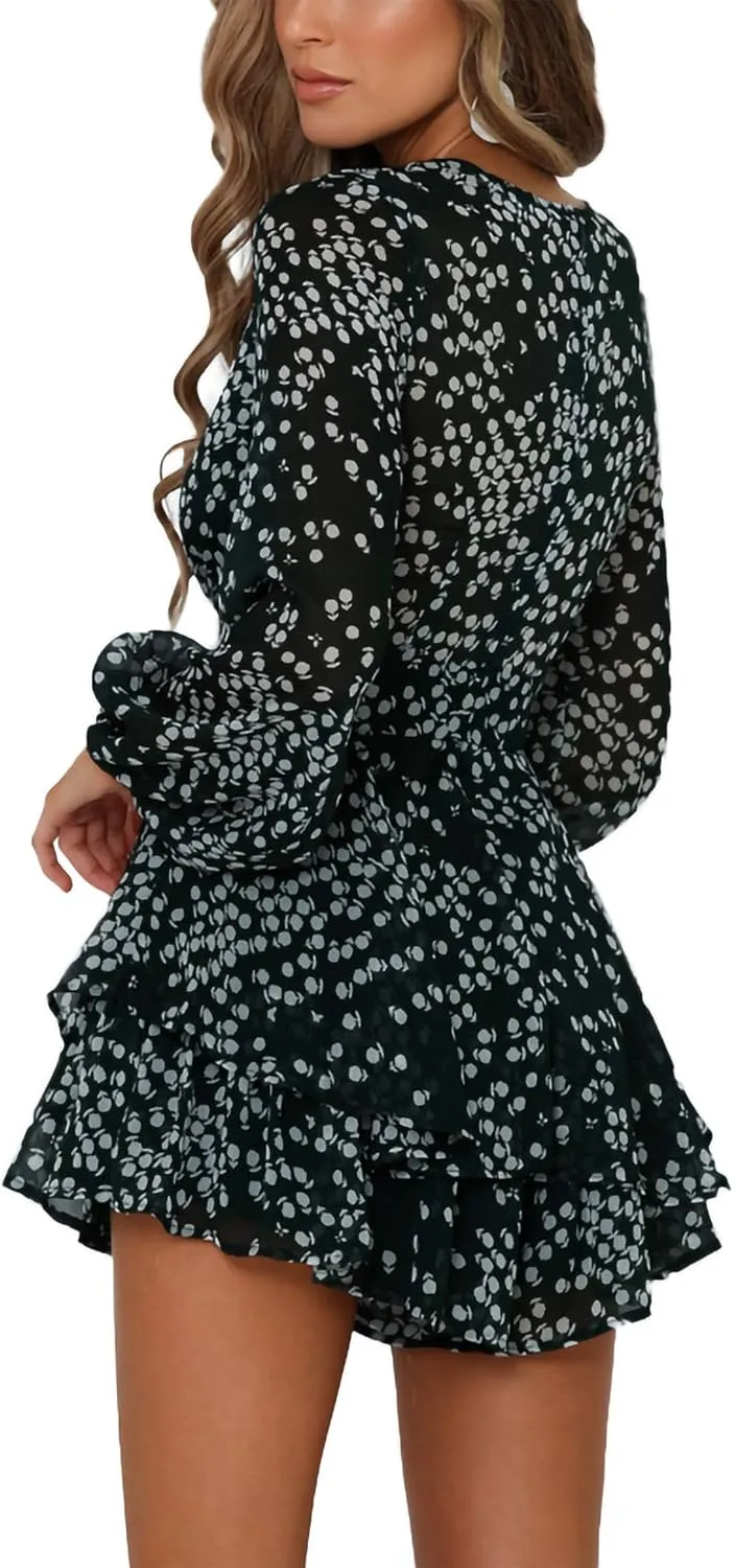 Bonkwa Women's Summer Deep V-Neck Floral Print Romper Long Baggy Sleeves Double Layer Ruffle Hem Short Jumpsuits with Belt