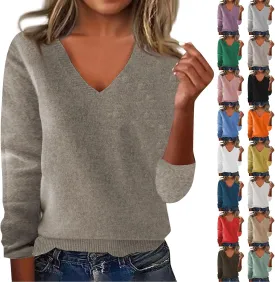 Cashmere Long Sleeve Deep V Neck Sweater for Women - Soft Wool Tunic Top - Trendy and Dressy