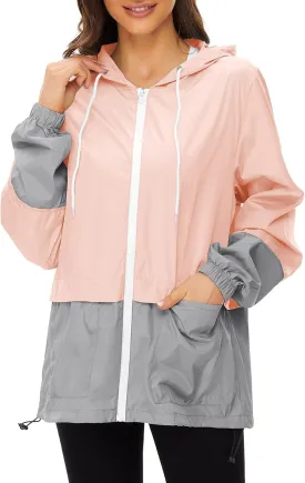 Cdiecer Women's Raincoat Waterproof Windbreaker Hoodie Sunscreen Zipper Jacket Lightweight Outdoor Hiking Color Block Jacket