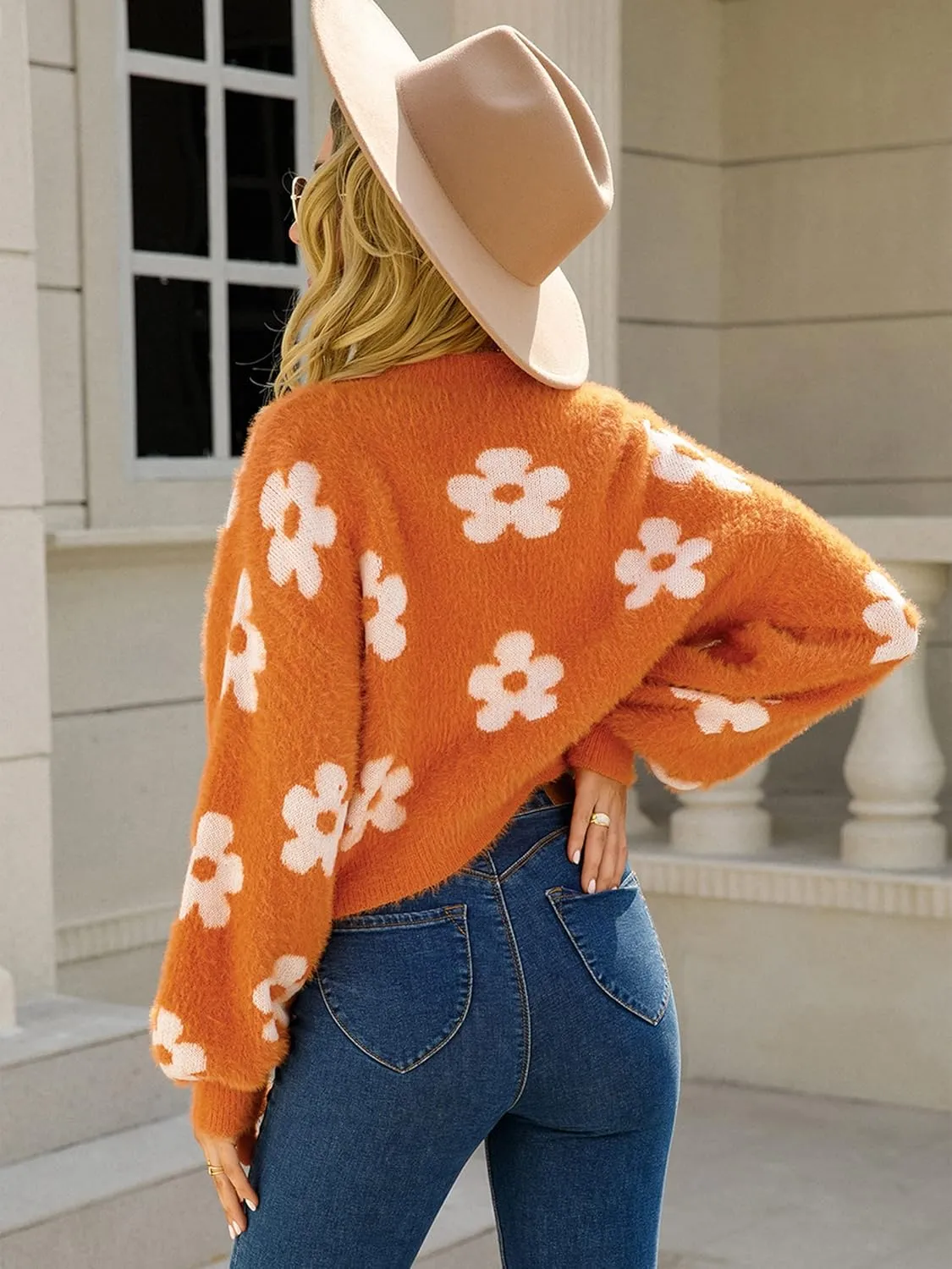ECOWISH Women Floral Cropped Cardigan: Fall Long Sleeve Open Front Fuzzy Daisy Print Knit Sweaters Casual Y2k Outerwear