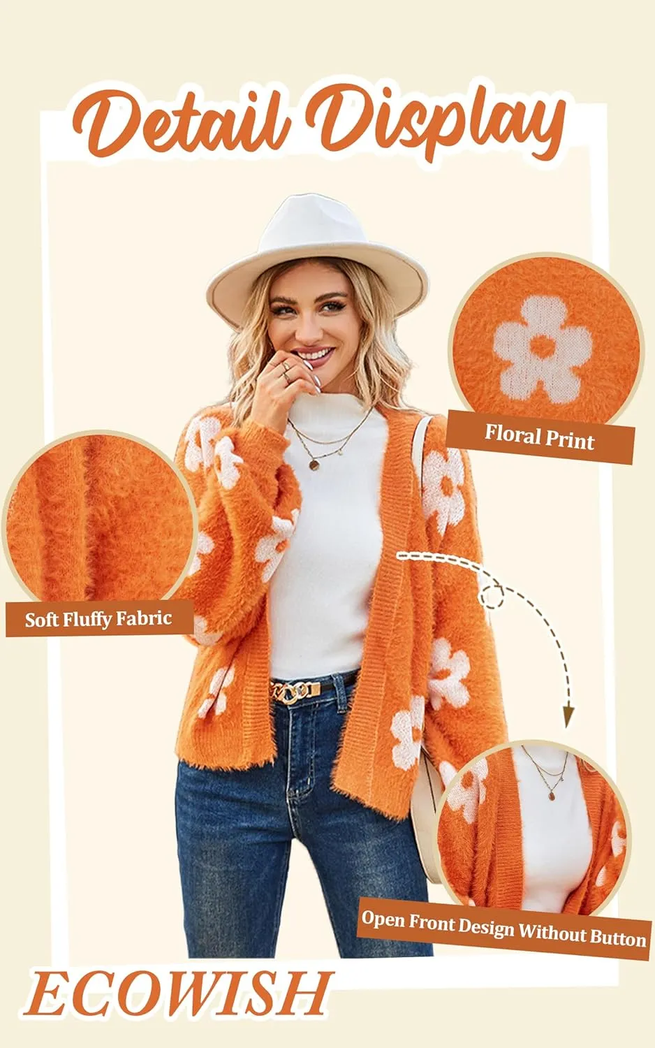 ECOWISH Women Floral Cropped Cardigan: Fall Long Sleeve Open Front Fuzzy Daisy Print Knit Sweaters Casual Y2k Outerwear