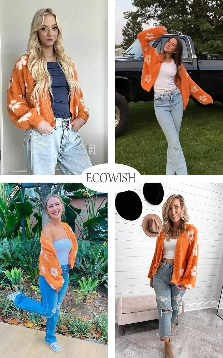 ECOWISH Women Floral Cropped Cardigan: Fall Long Sleeve Open Front Fuzzy Daisy Print Knit Sweaters Casual Y2k Outerwear