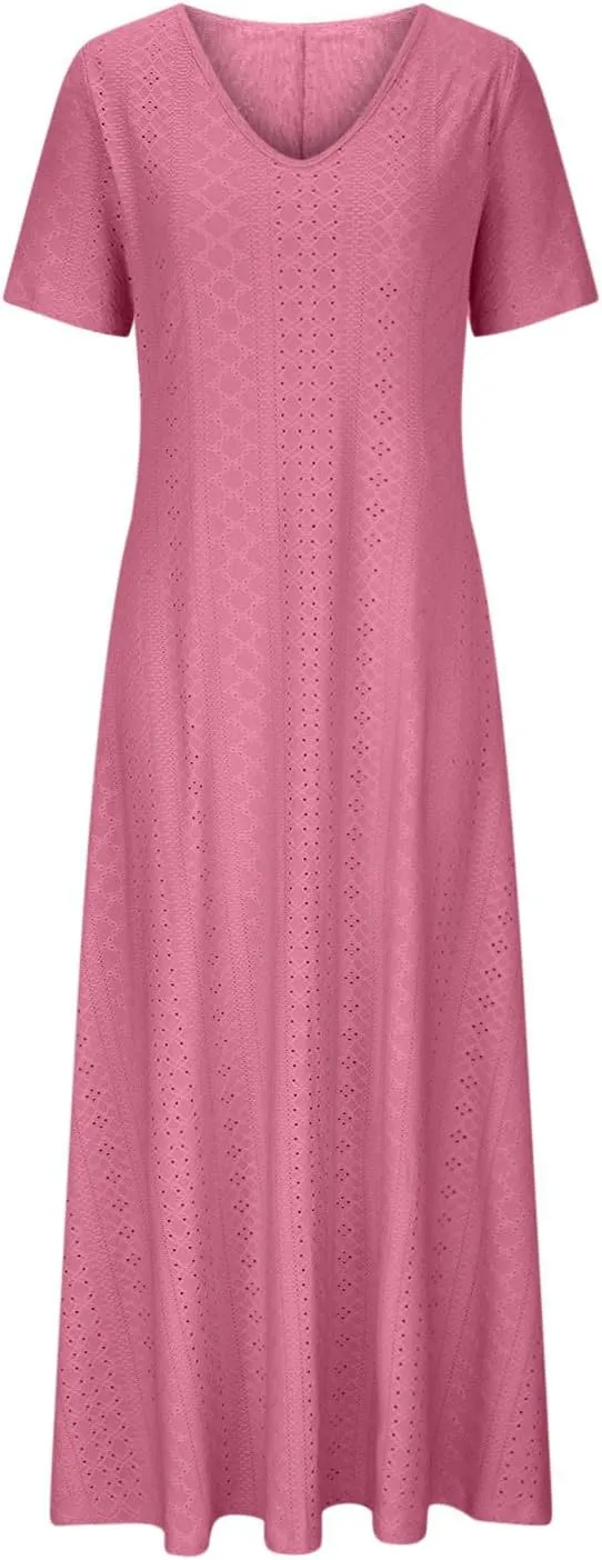 Eyelet Dress for Women 2024 Casual Sleeveless Long Maxi Dress Trendy Sexy V Neck Slip Dress Summer Vacation Outfits