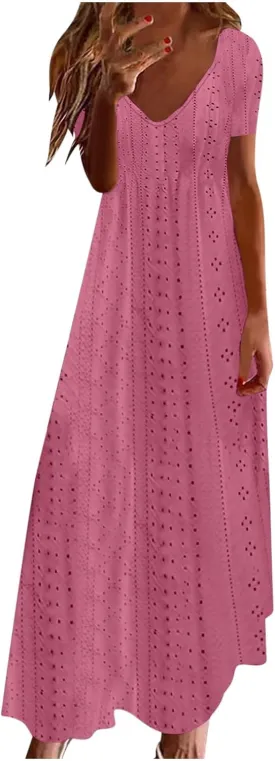 Eyelet Dress for Women 2024 Casual Sleeveless Long Maxi Dress Trendy Sexy V Neck Slip Dress Summer Vacation Outfits