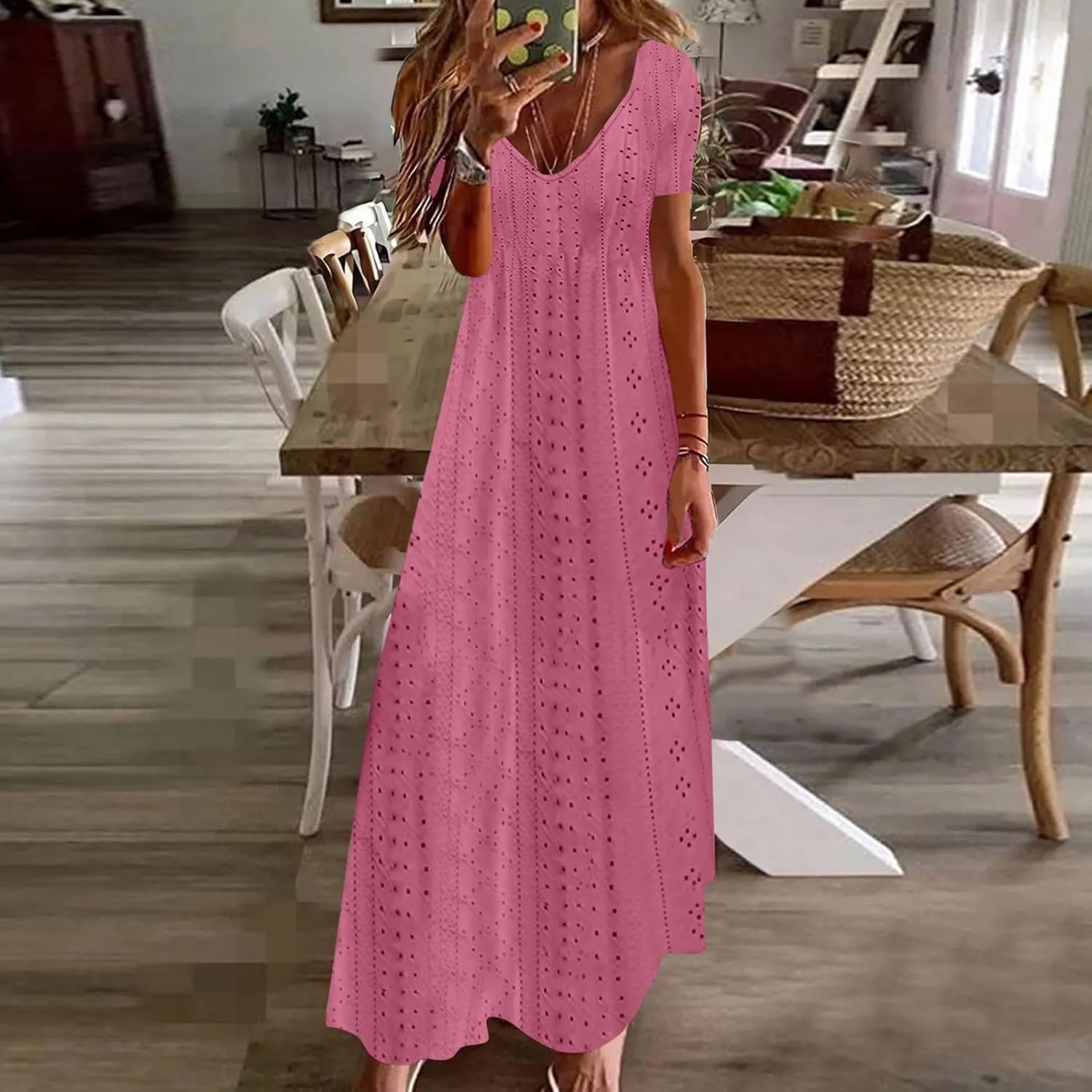Eyelet Dress for Women 2024 Casual Sleeveless Long Maxi Dress Trendy Sexy V Neck Slip Dress Summer Vacation Outfits