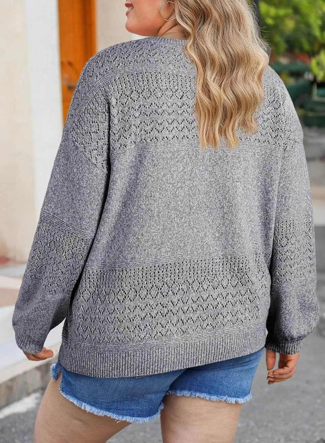 Eytino Womens Plus Size Sweater Casual Long Sleeve V Neck Crochet Knit Lightweight Pullover Sweater Tops(1X-5X)