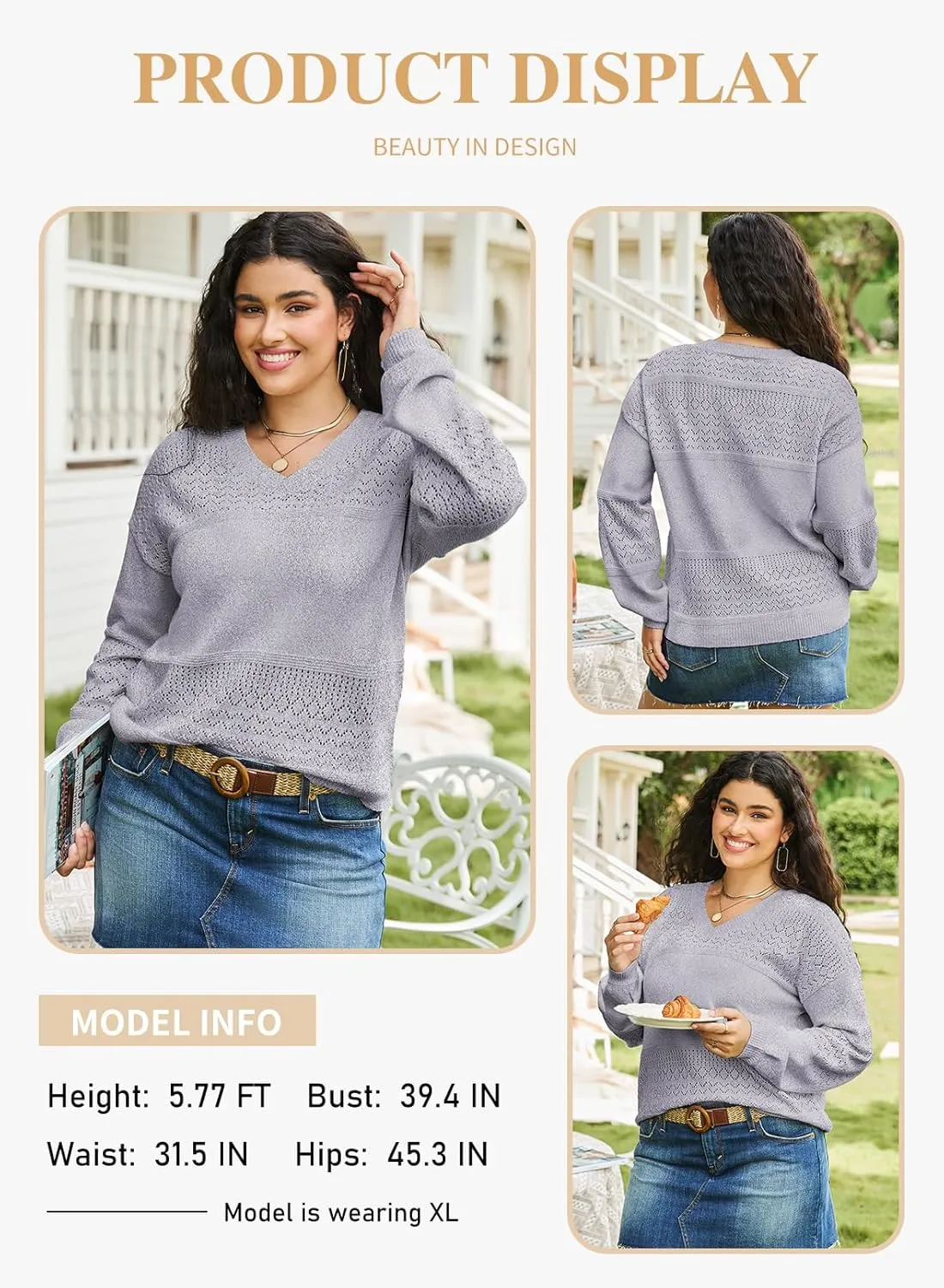 Eytino Womens Plus Size Sweater Casual Long Sleeve V Neck Crochet Knit Lightweight Pullover Sweater Tops(1X-5X)