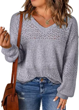 Eytino Womens Plus Size Sweater Casual Long Sleeve V Neck Crochet Knit Lightweight Pullover Sweater Tops(1X-5X)