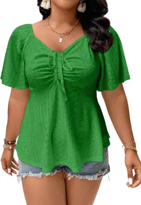 Eytino Womens Plus Size Tops Sweetheart Neck Short Sleeve Eyelet Embroidery Summer Loose Peplum Shirts(1X-5X)