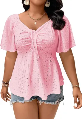 Eytino Womens Plus Size Tops Sweetheart Neck Short Sleeve Eyelet Embroidery Summer Loose Peplum Shirts(1X-5X)