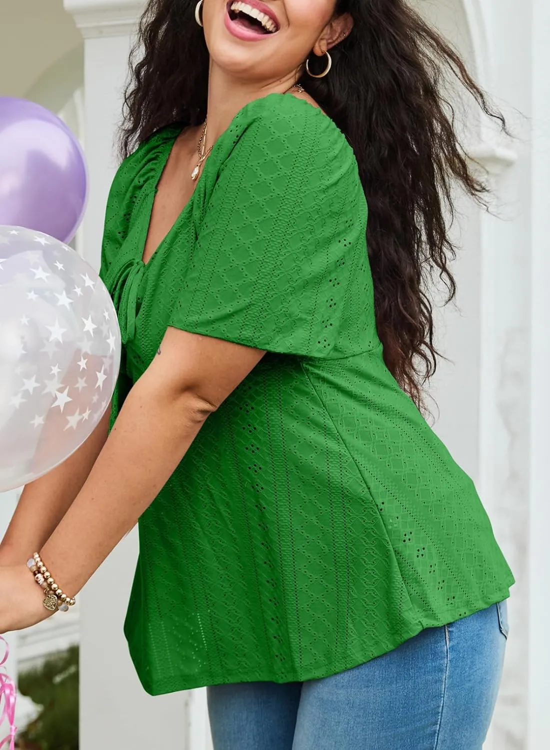 Eytino Womens Plus Size Tops Sweetheart Neck Short Sleeve Eyelet Embroidery Summer Loose Peplum Shirts(1X-5X)