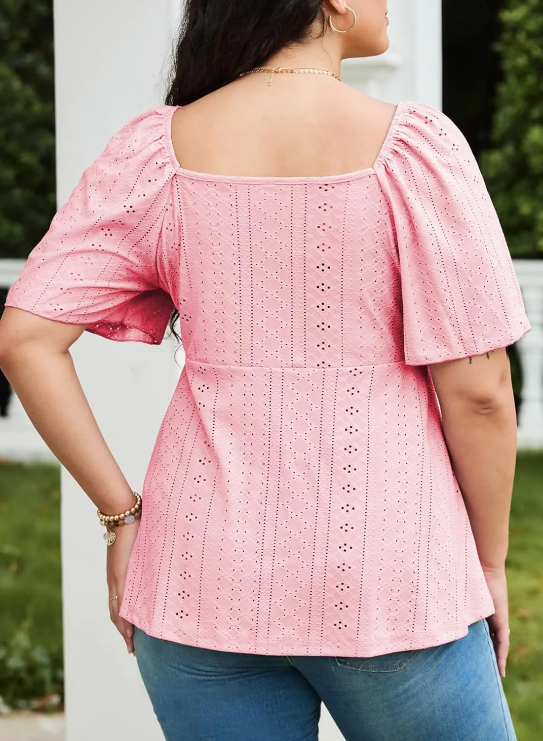 Eytino Womens Plus Size Tops Sweetheart Neck Short Sleeve Eyelet Embroidery Summer Loose Peplum Shirts(1X-5X)
