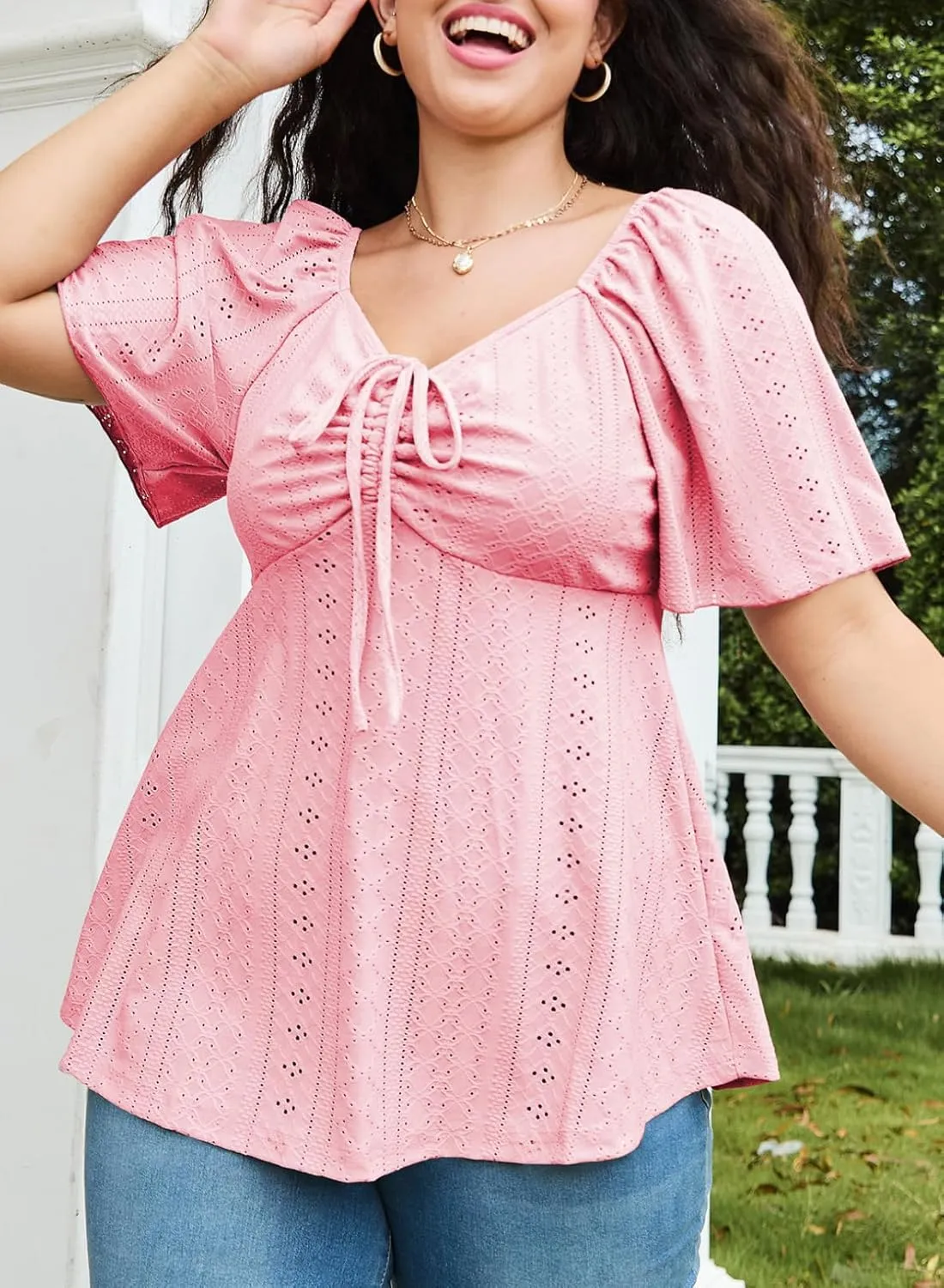Eytino Womens Plus Size Tops Sweetheart Neck Short Sleeve Eyelet Embroidery Summer Loose Peplum Shirts(1X-5X)