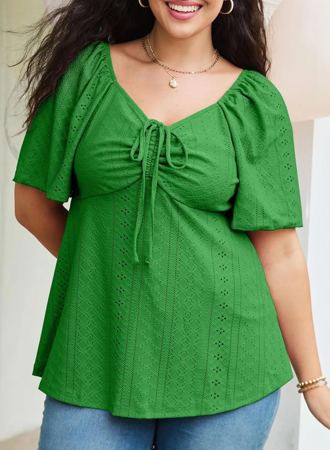 Eytino Womens Plus Size Tops Sweetheart Neck Short Sleeve Eyelet Embroidery Summer Loose Peplum Shirts(1X-5X)