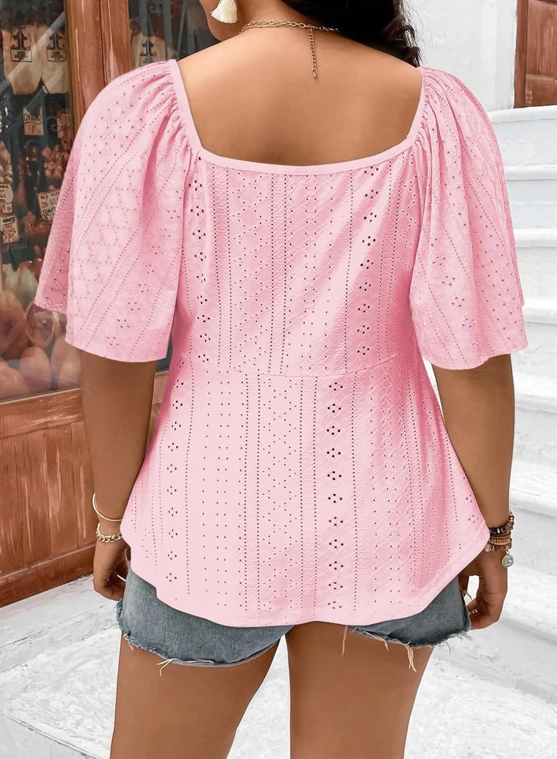 Eytino Womens Plus Size Tops Sweetheart Neck Short Sleeve Eyelet Embroidery Summer Loose Peplum Shirts(1X-5X)