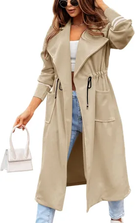 Fazortev Women Coat Pocket Casual Drawstring Waist Open Front Classic Lapel Overcoat