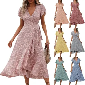 Floral Midi Dress for Women Summer V Neck Flutter Sleeve Empire Waist Belted Ruffle Midi Dress for Wedding Guest