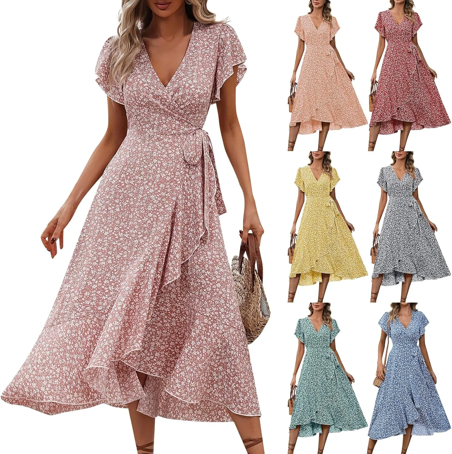 Floral Midi Dress for Women Summer V Neck Flutter Sleeve Empire Waist Belted Ruffle Midi Dress for Wedding Guest