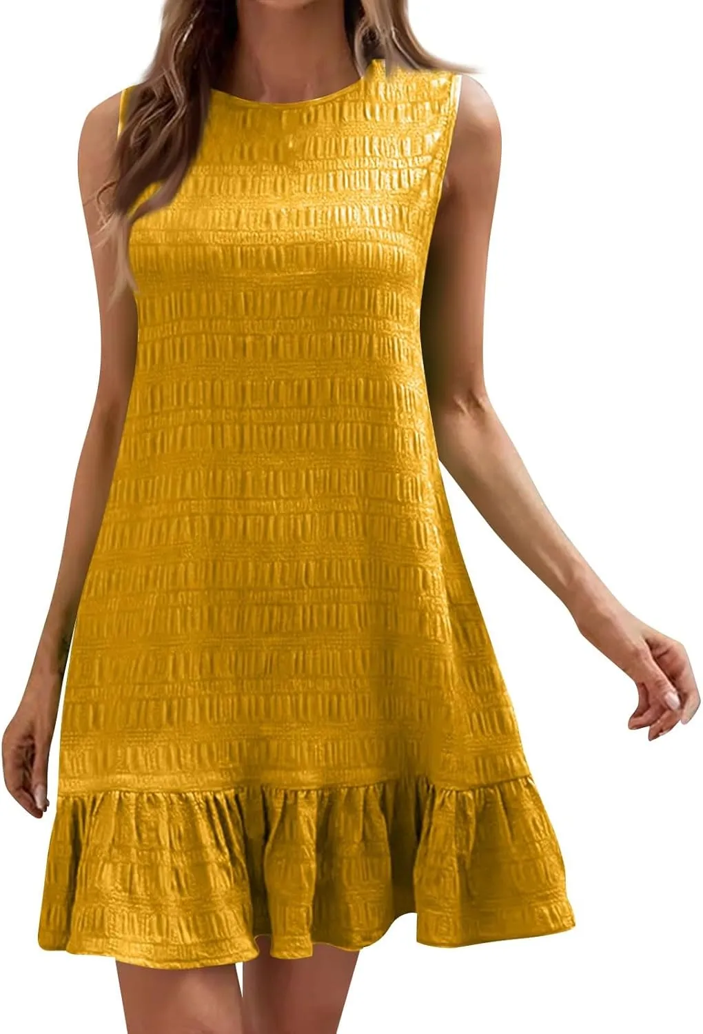 Flowy Summer Dresses for Women Sleeveless Crew Neck Boho Dresses Loose Ruched A Line Maternity Sun Dress Short Dress
