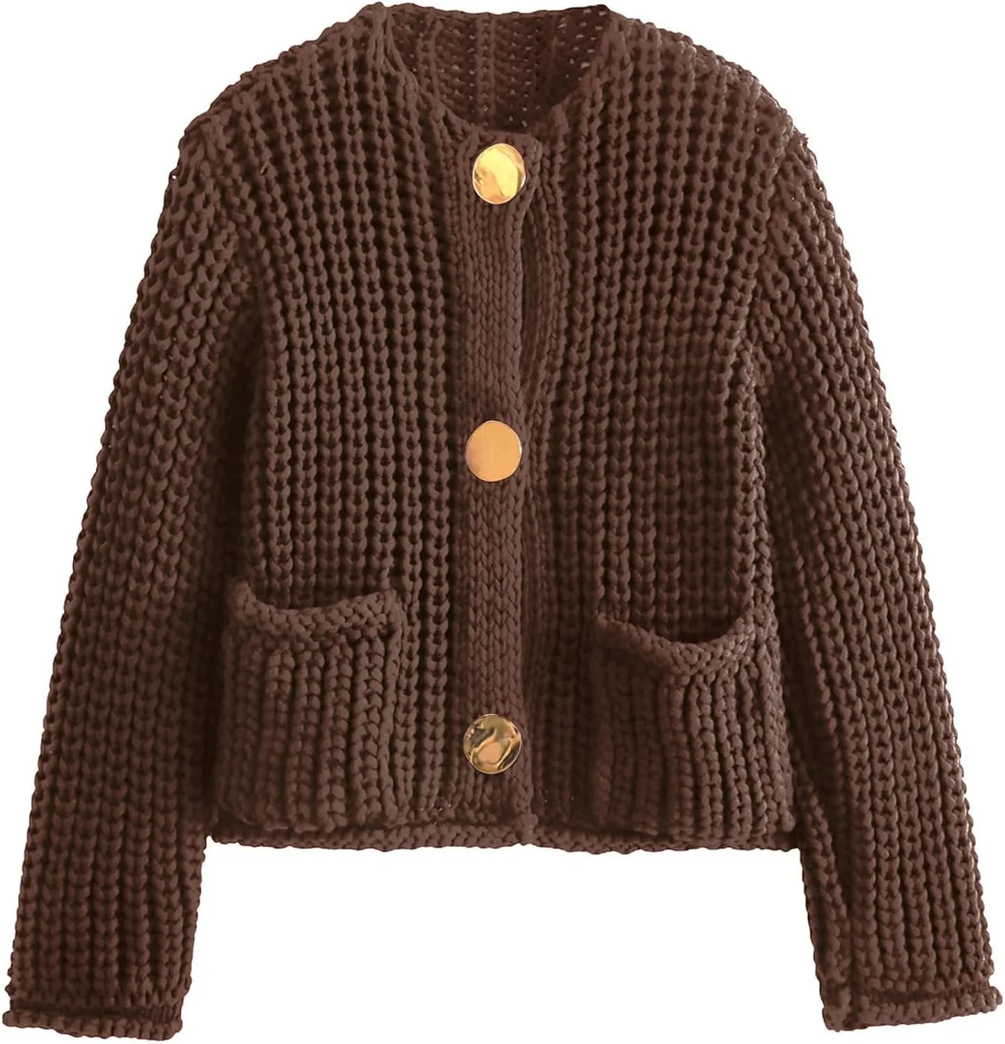 Flygo Cropped Cardigan Sweaters for Women Long Sleeve Cable Knit Cardigan Open Front Chunky Cardigan Sweaters with Pockets