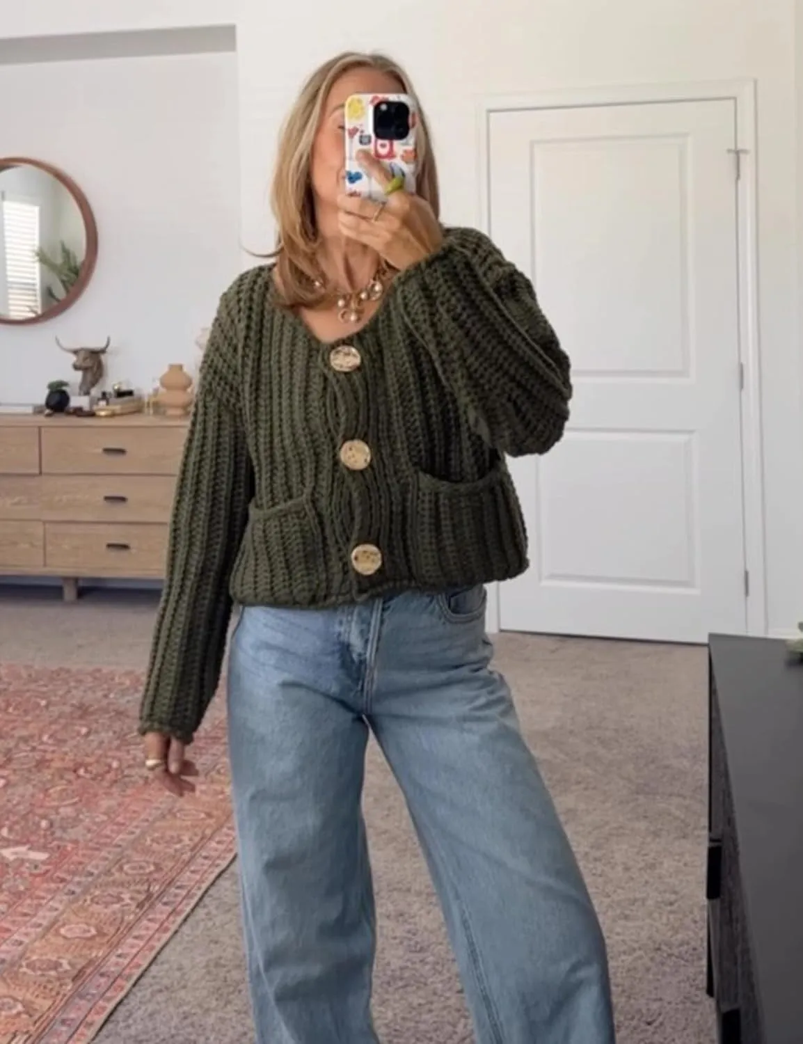 Flygo Cropped Cardigan Sweaters for Women Long Sleeve Cable Knit Cardigan Open Front Chunky Cardigan Sweaters with Pockets