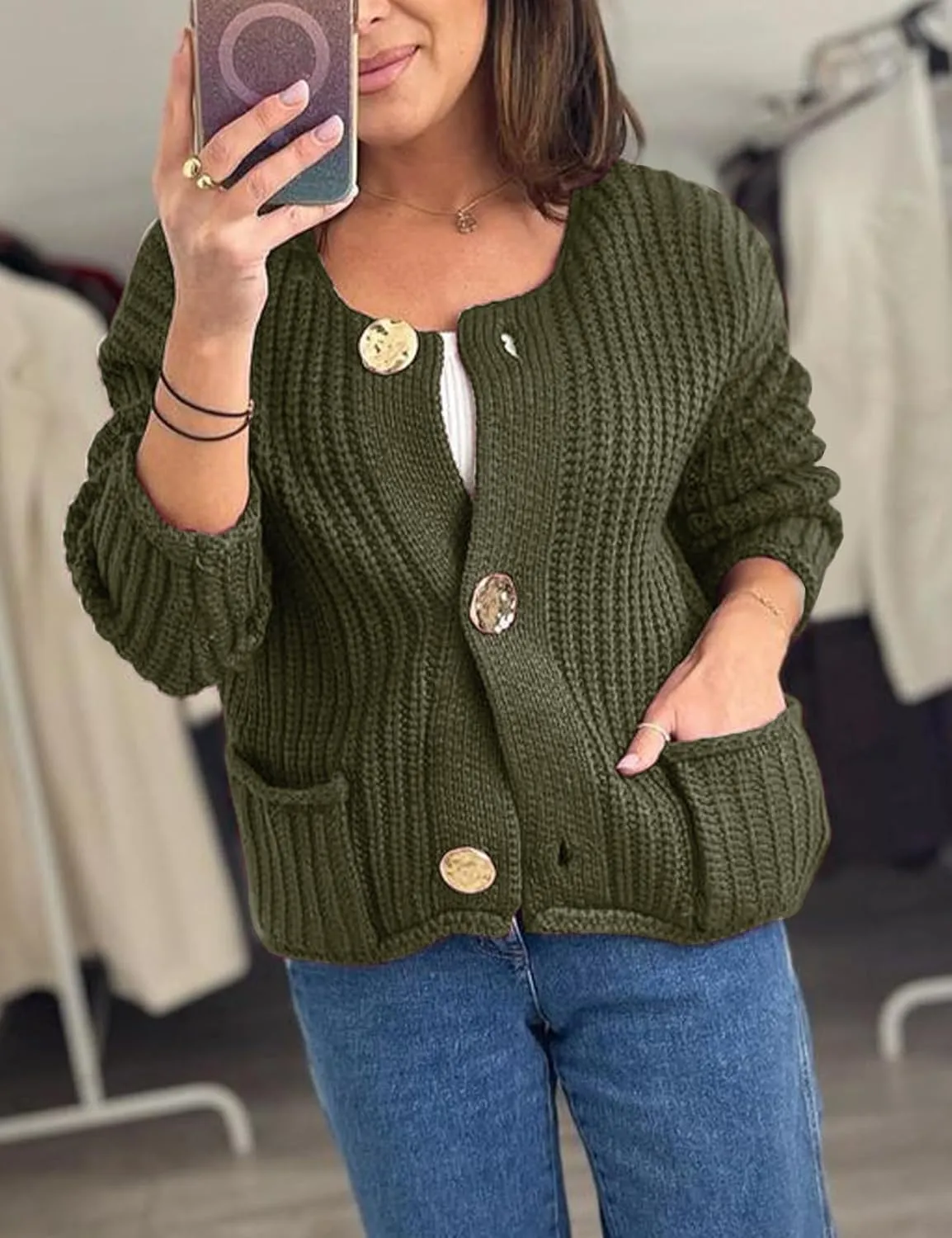 Flygo Cropped Cardigan Sweaters for Women Long Sleeve Cable Knit Cardigan Open Front Chunky Cardigan Sweaters with Pockets