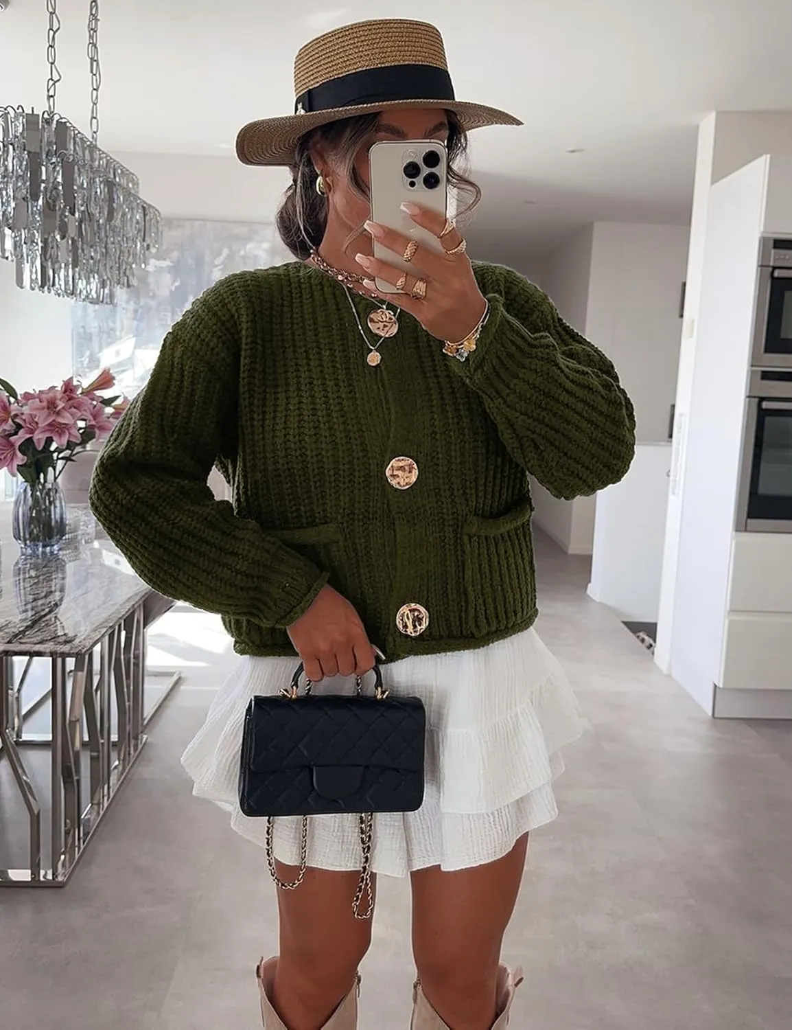 Flygo Cropped Cardigan Sweaters for Women Long Sleeve Cable Knit Cardigan Open Front Chunky Cardigan Sweaters with Pockets