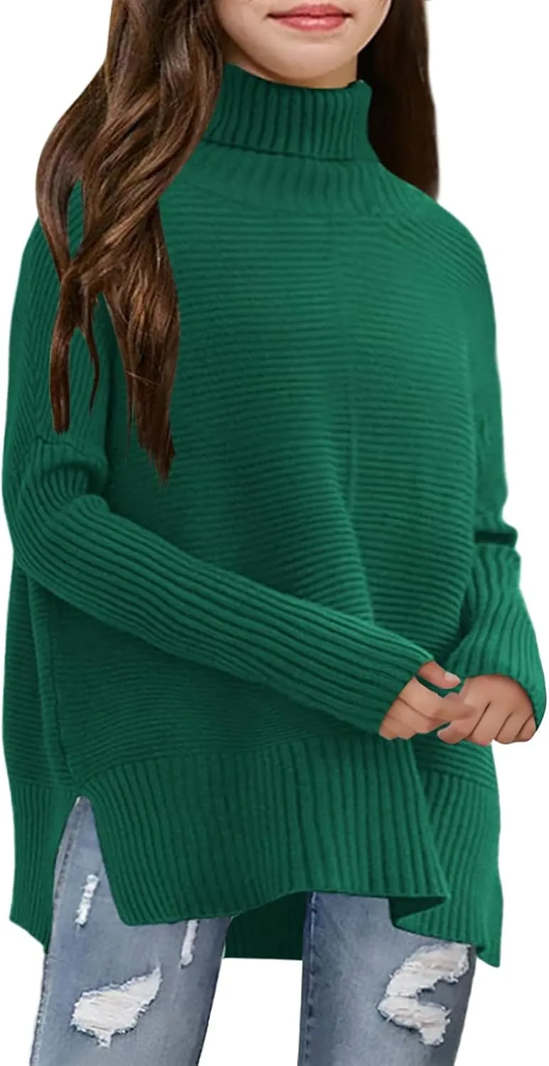 Haloumoning Kids Girls Turtleneck Tunic Sweaters Dress Oversized Long Sleeve Knit Chunky Pullover Jumper with Slit 5-14T