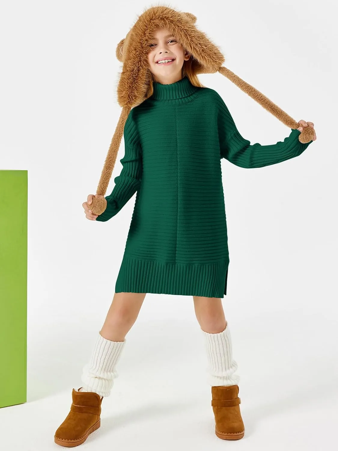 Haloumoning Kids Girls Turtleneck Tunic Sweaters Dress Oversized Long Sleeve Knit Chunky Pullover Jumper with Slit 5-14T