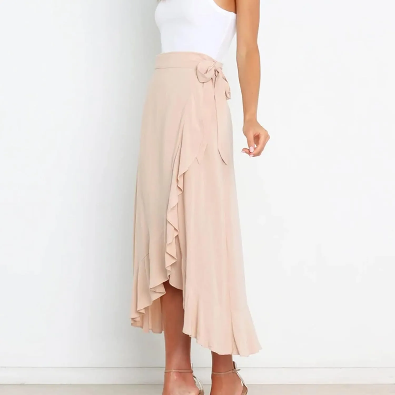 HGps8w Women's Irregular Ruffle Pants, High Waist Bow Tie Casual Maxi Long Palazzo Overlay Culottes Skirts Trousers