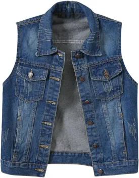 Jean Vest Top for Women Womens Denim Vest Sleeveless Cropped Denim Jacket Button Down Jean Waistcoat with Pockets