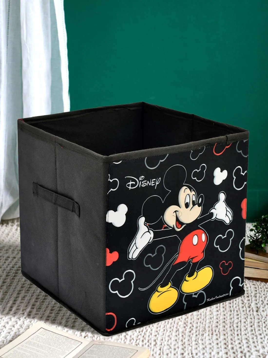 Kuber Industries Disney Mickey Mouse Print Non Woven Fabric Foldable Cube Toy, Books, Shoes Storage Box with Handle (Black, Large, 2 Pieces, Rectangular)