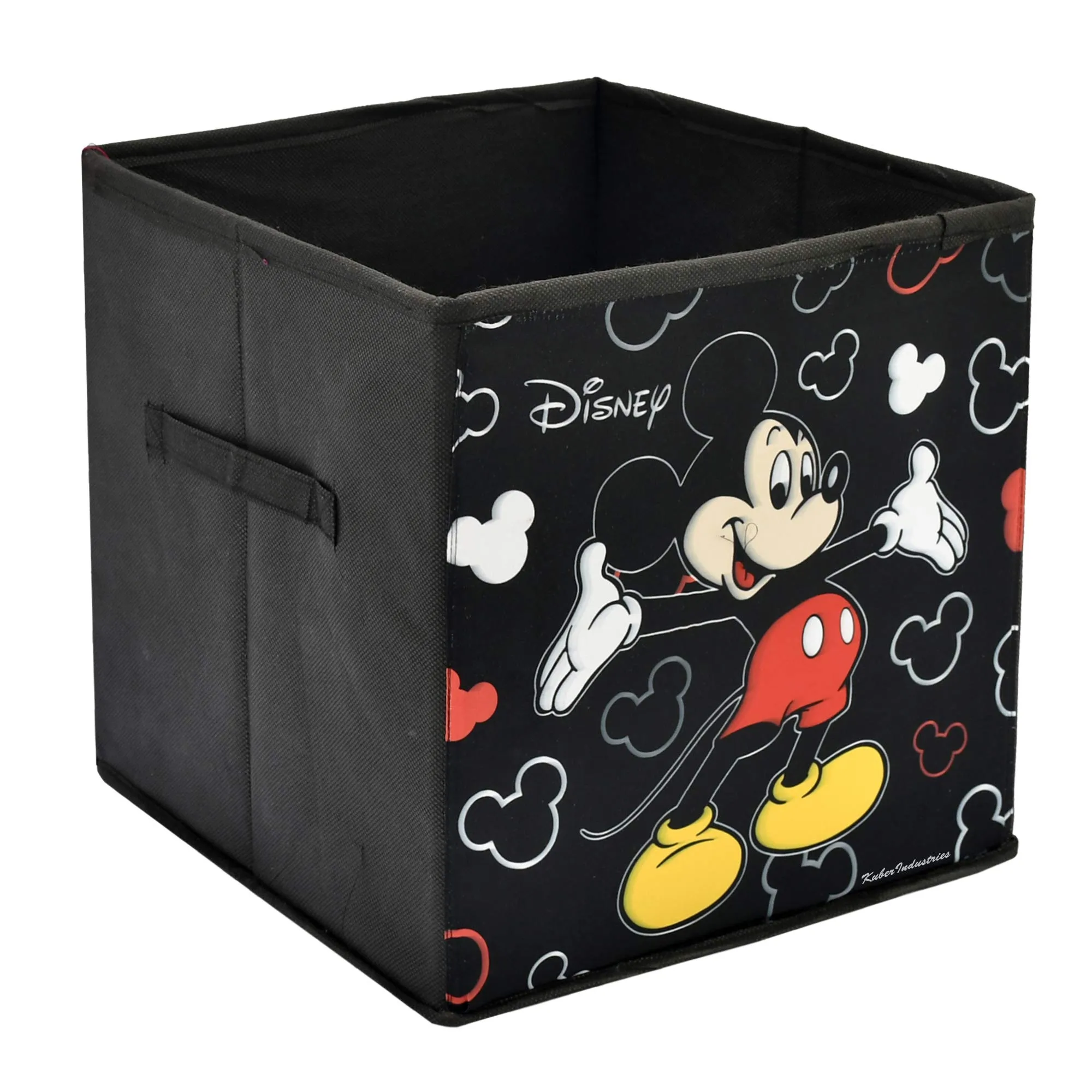 Kuber Industries Disney Mickey Mouse Print Non Woven Fabric Foldable Cube Toy, Books, Shoes Storage Box with Handle (Black, Large, 2 Pieces, Rectangular)