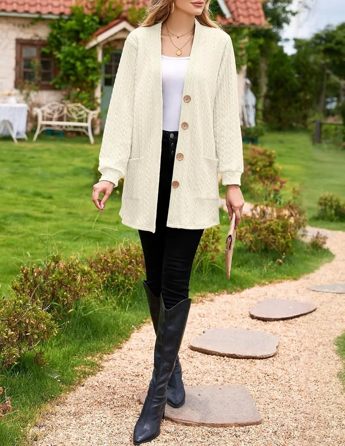 LARACE Open Front Cardigan for Women Cable Knit Sweater with Pockets Plus Size Long Sleeve Tops Button Down Winter Coat