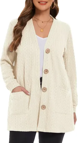 LARACE Open Front Cardigan for Women Cable Knit Sweater with Pockets Plus Size Long Sleeve Tops Button Down Winter Coat