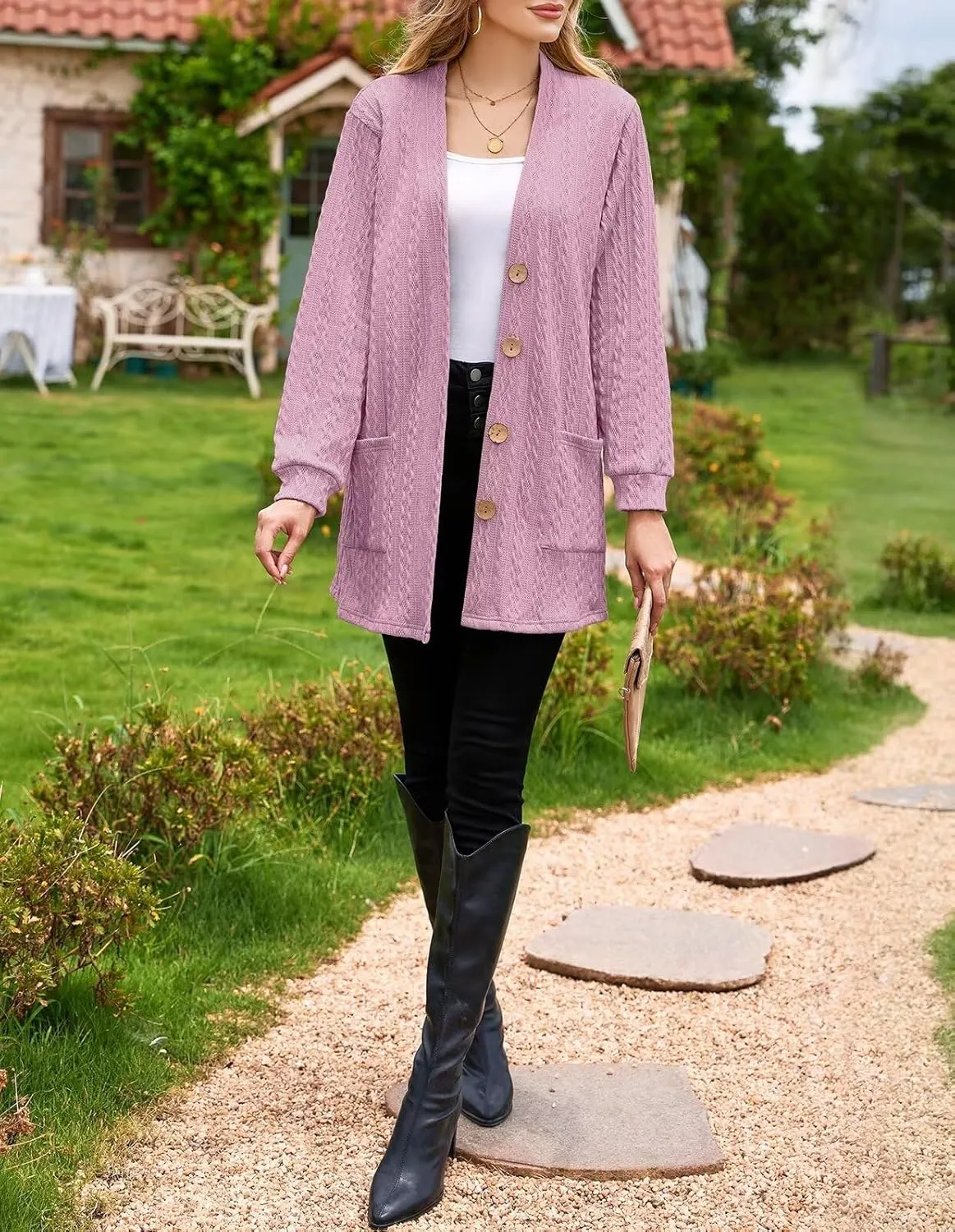 LARACE Open Front Cardigan for Women Cable Knit Sweater with Pockets Plus Size Long Sleeve Tops Button Down Winter Coat