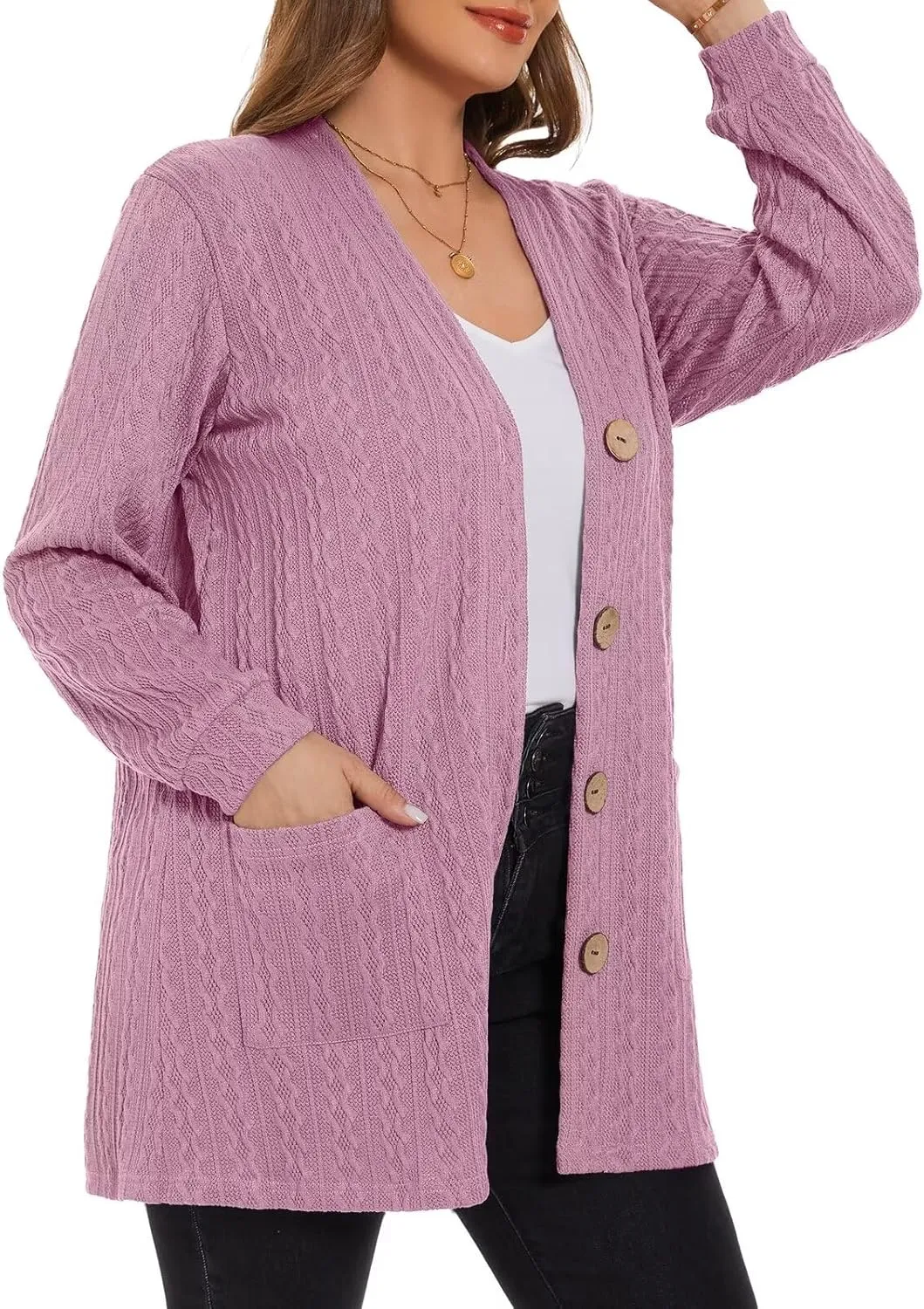 LARACE Open Front Cardigan for Women Cable Knit Sweater with Pockets Plus Size Long Sleeve Tops Button Down Winter Coat