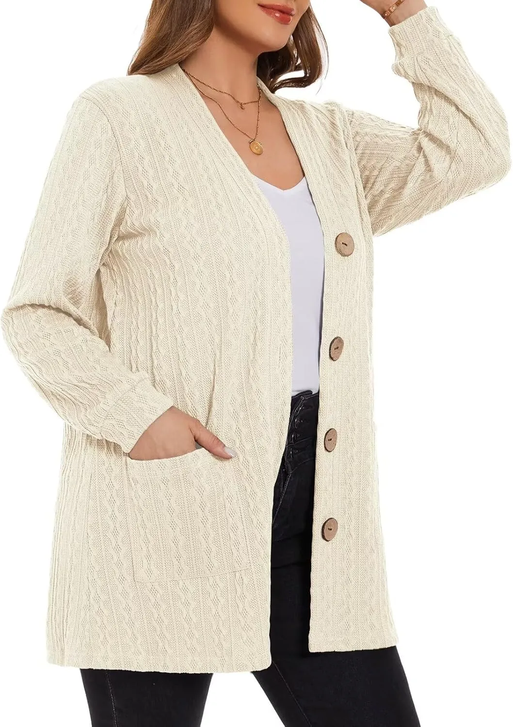 LARACE Open Front Cardigan for Women Cable Knit Sweater with Pockets Plus Size Long Sleeve Tops Button Down Winter Coat