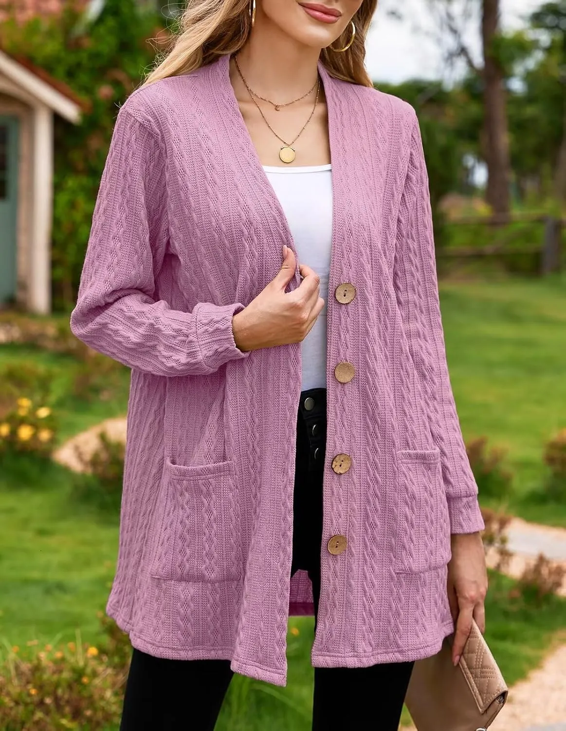 LARACE Open Front Cardigan for Women Cable Knit Sweater with Pockets Plus Size Long Sleeve Tops Button Down Winter Coat