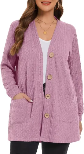 LARACE Open Front Cardigan for Women Cable Knit Sweater with Pockets Plus Size Long Sleeve Tops Button Down Winter Coat
