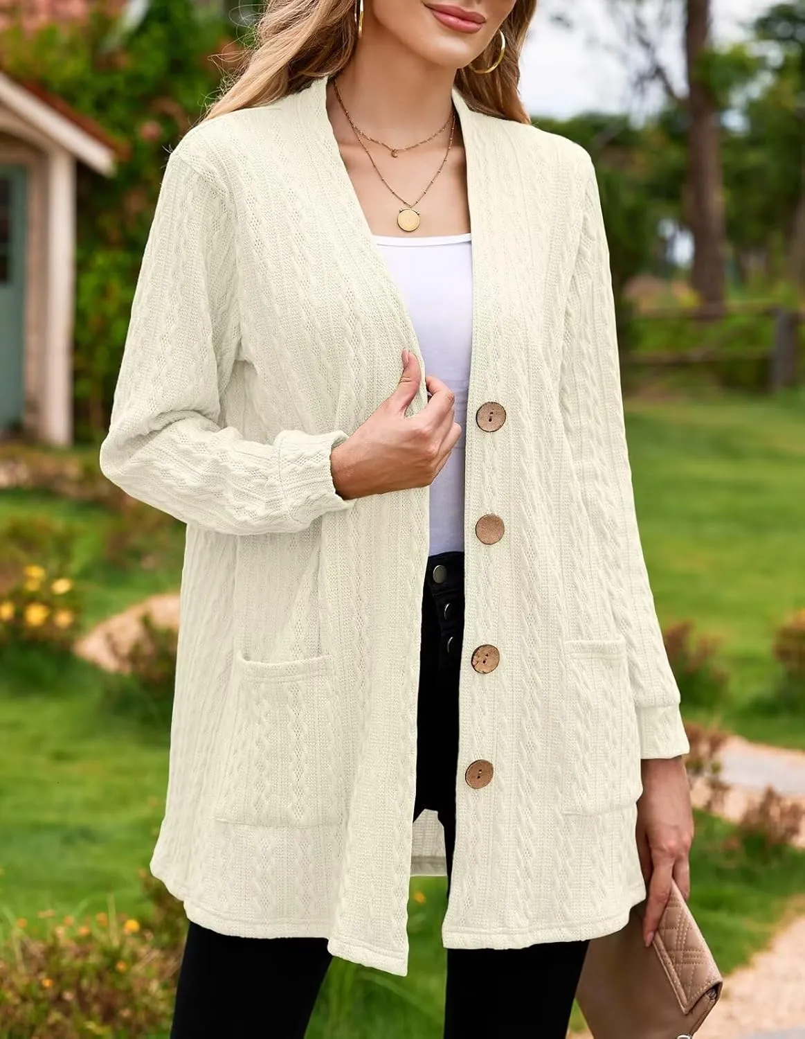 LARACE Open Front Cardigan for Women Cable Knit Sweater with Pockets Plus Size Long Sleeve Tops Button Down Winter Coat