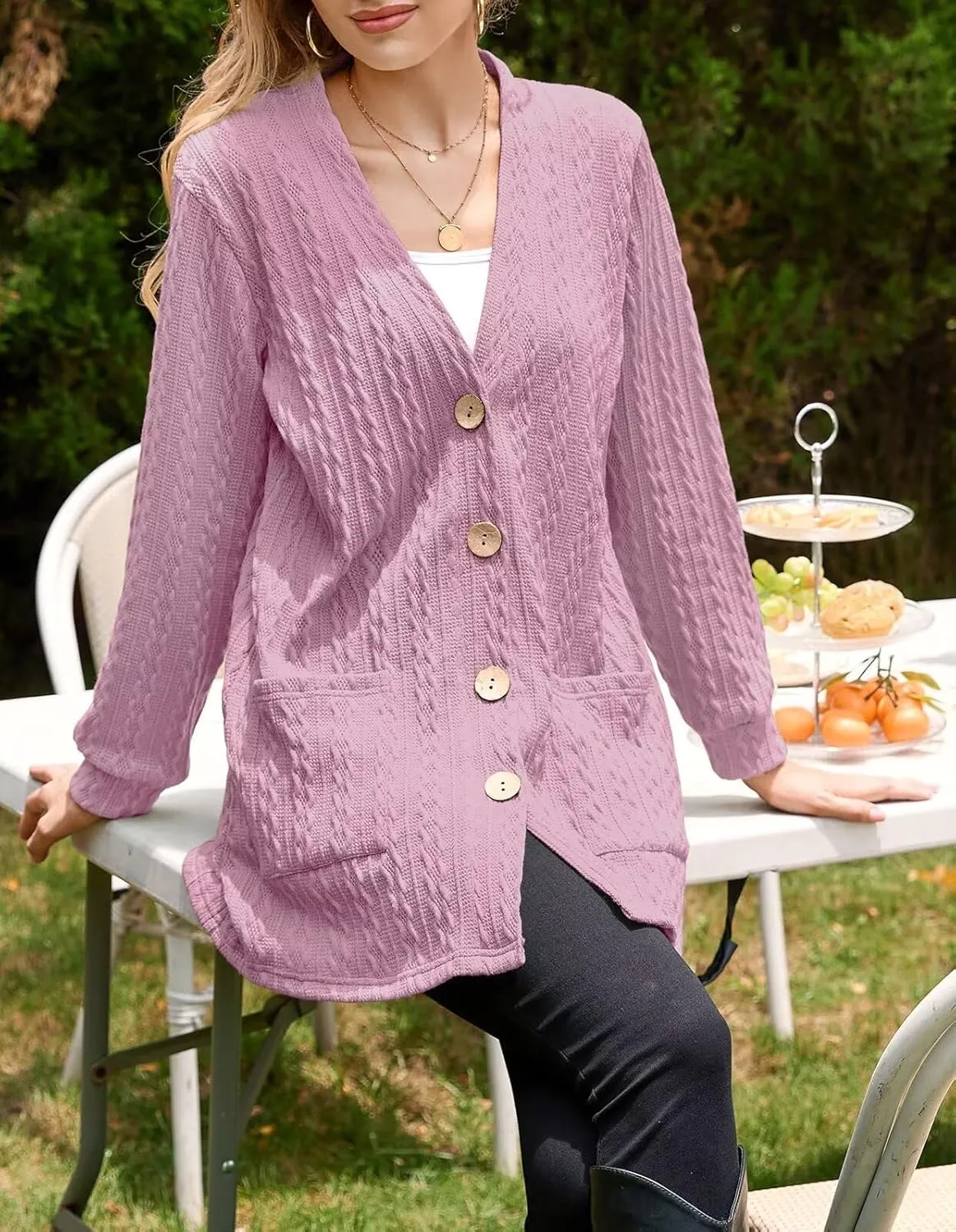 LARACE Open Front Cardigan for Women Cable Knit Sweater with Pockets Plus Size Long Sleeve Tops Button Down Winter Coat
