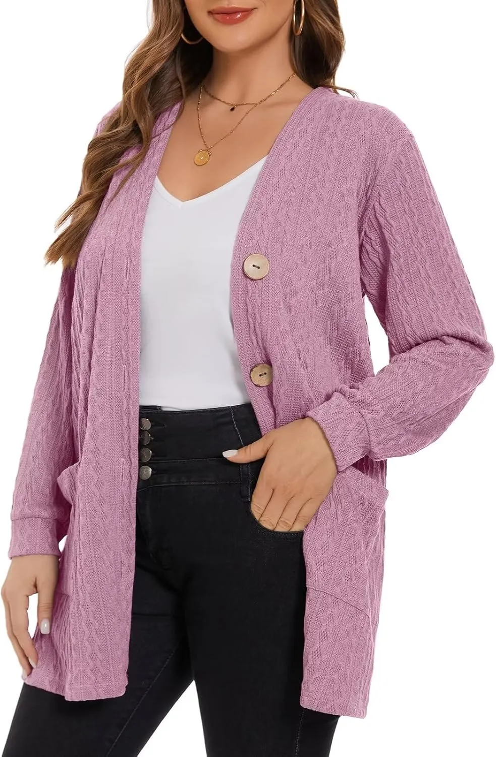 LARACE Open Front Cardigan for Women Cable Knit Sweater with Pockets Plus Size Long Sleeve Tops Button Down Winter Coat